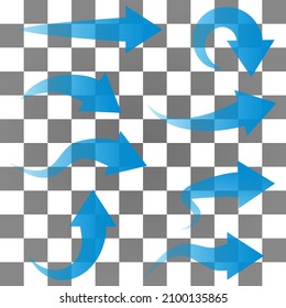 Set of blue arrows. Clean, fresh air flow. Collection of transparent direction arrows. Vector isolated on transparent background
