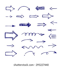 Set of blue arrows. Doodle, sketch. Vector.