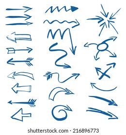 A set of blue arrows drawn with a brush. Useful graphic elements for presentations. Isolated Vector Graphics.