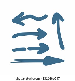 Set of blue arrows drawn by hand. Sketch, doodle. Simple vector illustration.