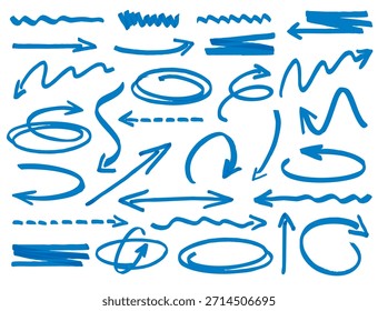 Conjunto de flechas azules. Flechas dibujadas a mano diseñadas para presentaciones y flujo de trabajo. Flechas y Elementos en el gráfico y la ilustración para biznes y la educación.
