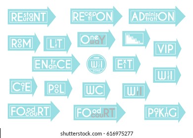 Set of blue arrows on a white background. Entrance, exit, WC, one way, cafe, pool and other. Vector illustration.