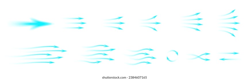 Set of blue arrows showing cold air conditioner direction. Mesh gradient Isolated on transparent background element