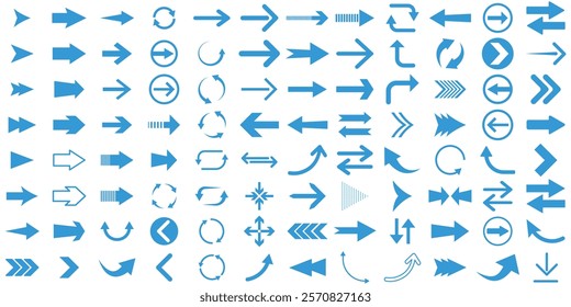 Set blue arrows for web design. Arrows vector icon. Arrow icon. Set of big blue vector arrows. Cursor, Click. Arrow icon pack illustration.