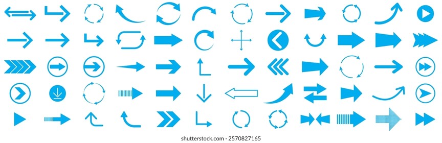 Set blue arrows for web design. Arrows vector icon. Arrow icon. Set of big blue vector arrows. Cursor, Click. Arrow icon pack illustration.