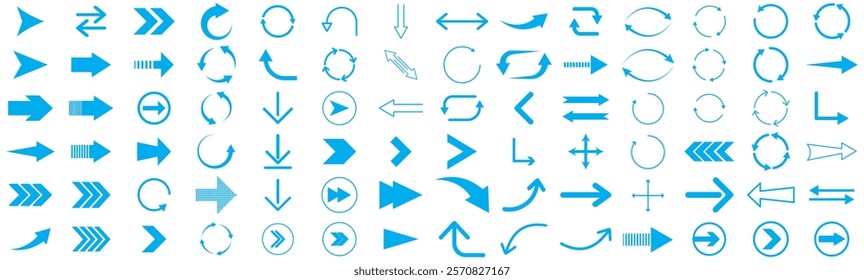 Set blue arrows for web design. Arrows vector icon. Arrow icon. Set of big blue vector arrows. Cursor, Click. Arrow icon pack illustration.