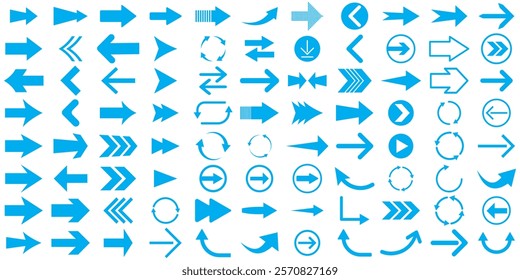 Set blue arrows for web design. Arrows vector icon. Arrow icon. Set of big blue vector arrows. Cursor, Click. Arrow icon pack illustration.