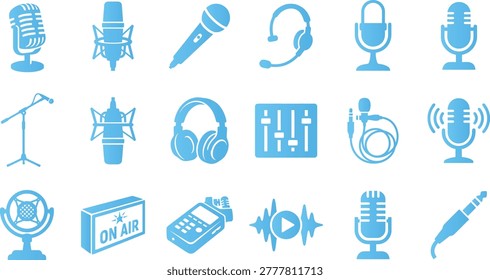 Set of blue audio and recording icons including microphones headsets sound mixing and broadcast gear.