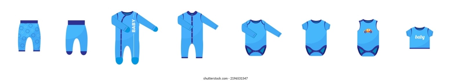 Set of blue baby clothes on white background