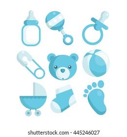 Set of blue baby shower icons