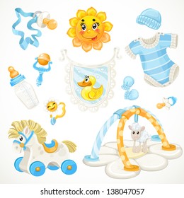 Set of blue baby toys objects clothes and things