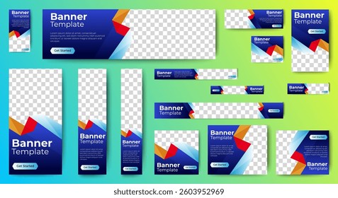 set of blue background for web ad banner template with text and image spaces. vector