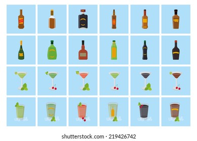 a set of blue backgrounds with different bottles and cocktails