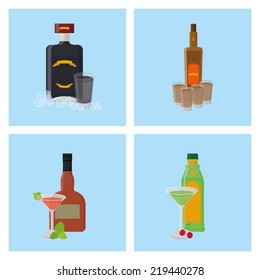 a set of blue backgrounds with different styles of bottles and glasses