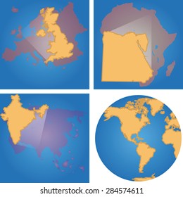 Set of blue backgrounds with different world maps. Vector illustration