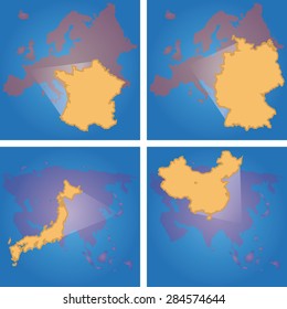 Set of blue backgrounds with different world maps. Vector illustration