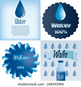 a set of blue backgrounds and labels with text and mineral water drops