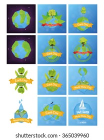 a set of blue backgrounds with our planet and different elements for earth day