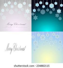 Set of blue backgrounds with paper snowflakes on a string of beads for greeting cards for  Christmas