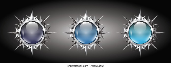 Set of blue backgrounds with a snowflake shaped silver frame, with space for your text. Vector illustration.