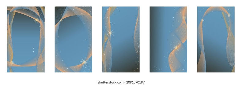 Set of blue backgrounds for social media stories. Abstract banner with stars and lines for social media, landing page, website, phone wallpaper. Stock vector illustration.