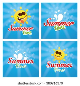Set of blue backgrounds with text and elements for summer vacations
