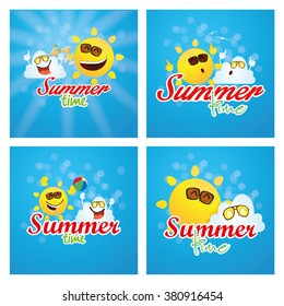 Set of blue backgrounds with text and elements for summer vacations