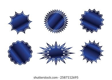 Set of blue badge designs with white borders. Perfect for lebels, stickers, promotions, or decorative purposes. Includes various shapes: round, scalloped, and starburst styles.