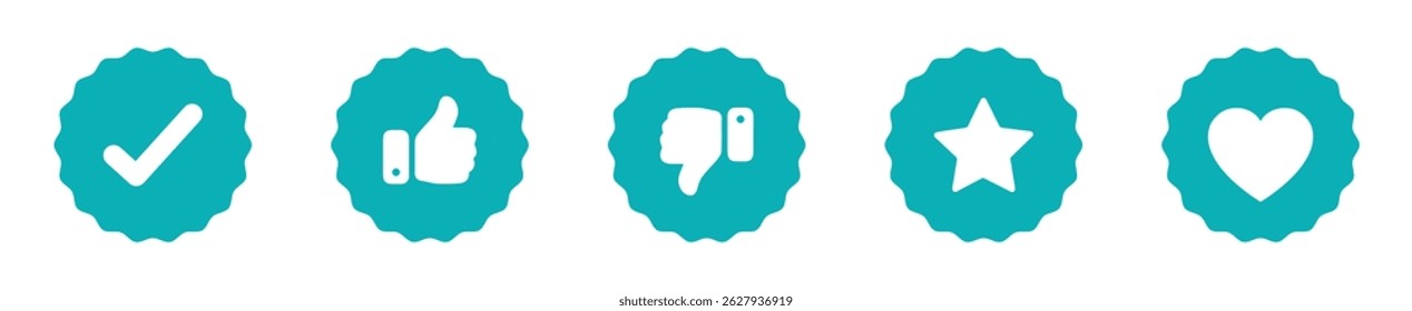 Set of blue badge icons featuring a check mark, thumbs up, star, and heart symbol. Ideal for app UI, web design, badges, and digital reward systems.