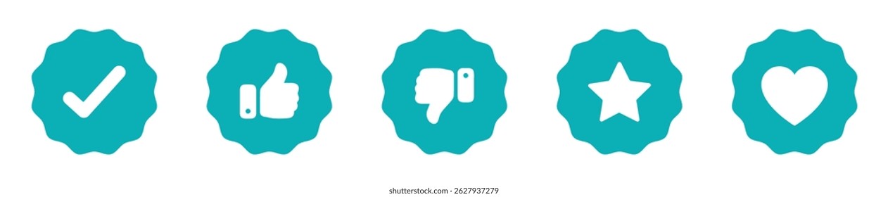 Set of blue badge icons featuring a check mark, thumbs up, star, and heart symbol. Ideal for app UI, web design, badges, and digital reward systems. Vector, icons.