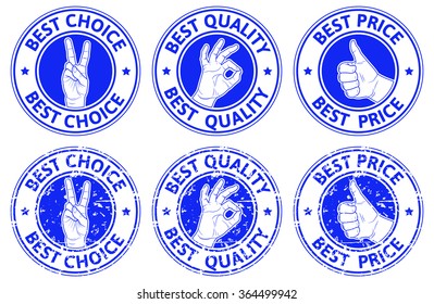 Set of blue badges with hand gesture symbols: we win, ok, thumb up. Vector illustration.
