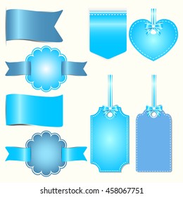 Set of blue badges label and ribbon, Greeting card, vector tag illustration