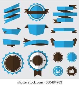 set of blue badges , labels and ribbons. flat design concept. branding and sale decoration. vector illustration.