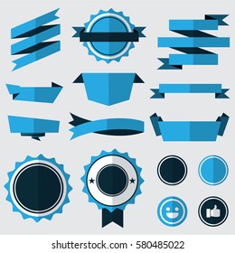set of blue badges , labels and ribbons. flat design concept. branding and sale decoration. vector illustration.
