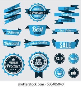 set of blue badges , labels and ribbons. flat design concept. branding and sale decoration. vector illustration.