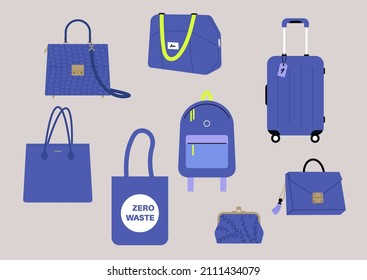 A set of blue bags of different size and style, casual and fancy, travel and sport