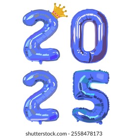 set of blue ballons,crown,Gathering, New Year,text,number, 2025, letters, gold,white blackground, party,happy,illustration design