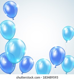 Set of blue balloons flying on gray background, illustration.