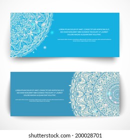 Set of blue banners. Beautiful ethnic floral ornament. Vector illustration. Brochure design template with sample text.