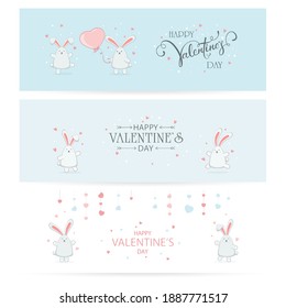 Set of blue banners with cute bunny and hearts for Valentines Day or Easter. Balloon and decorations in the form of Heart and happy rabbit. Illustration can be used for holiday design, cards, banners