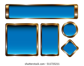 A set of blue banners in gold frames, vector