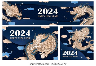 Set of blue banners with hand drawn paper cut Chinese Dragon as a traditional symbol of 2024 New year. Template of banners with asian clouds, stars, dragon scales. Christmas layered billboards