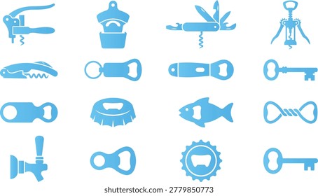 Set of blue bar tools icons, corkscrews, bottle openers, keys, and tap, objects for drinks and hospitality, graphic elements.