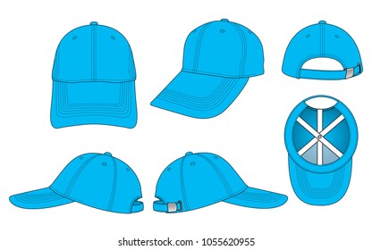 Set Blue Baseball Cap With Silver Buckle Strap Vector For Template.