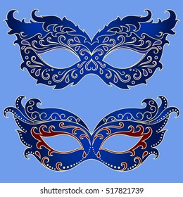 Set of blue beautiful festive masks to celebrate Halloween, New Year, Carnival or party. Elements female holiday costume.