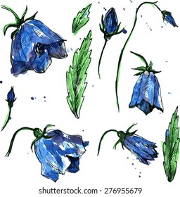 set of blue bellflowers, drawing by watercolor, isolated bell flowers, buds and leaves of campanula, hand drawn floral design elements