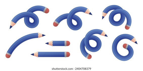 Set of blue bended pencil arrows. Vector.