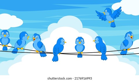 Set of blue bird cartoon sitting on wires