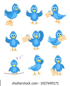 Set of blue bird mail delivery, vector illustration