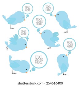 set of blue birds with speech bubbles. vector